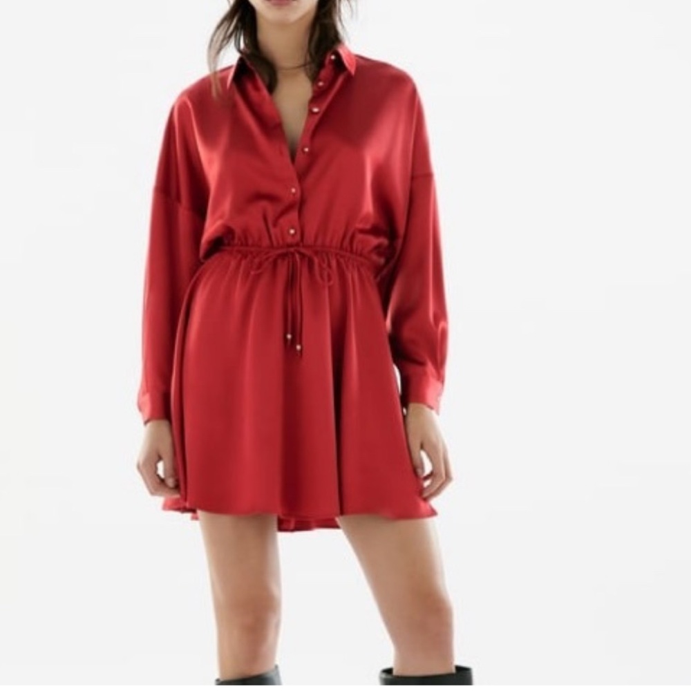 Zara red satin mini Shirt Dress size XS long sleeve gold buttons elastic waist